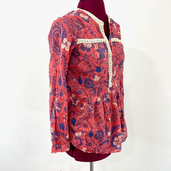 Maeve Anthropologie Abella Floral Butterfly Blouse Size 2 Roll Tab Long Sleeve - Picture 2 of 8